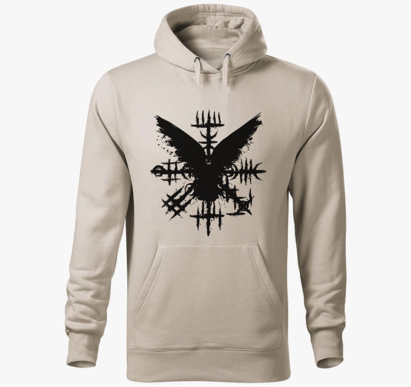 Black Grunge Raven Viking Symbol kapucnis pulóver — Drapp szürke