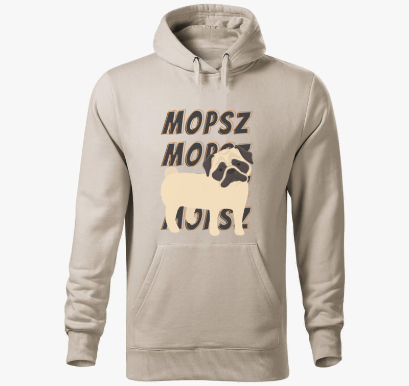 Mopsz mintás kapucnis pulóver — Drapp szürke