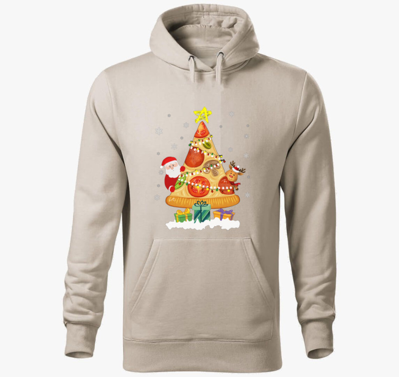 Pizza karácsonyfa kapucnis pulóver — Drapp szürke