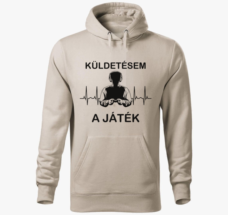 Küldetésem a játék gamer kapucnis pulóver — Drapp szürke
