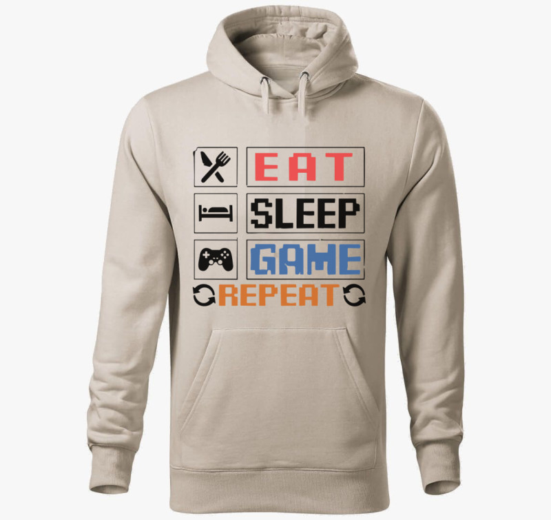 Eat sleep game repeat felirat kapucnis pulóver — Drapp szürke