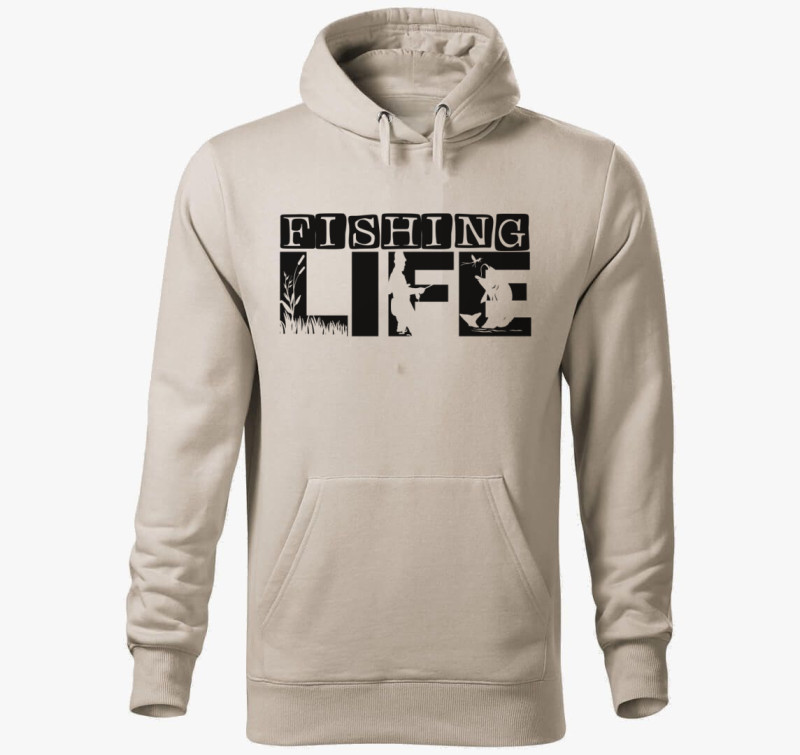 Fishing LIFE kapucnis pulóver - Horgászat az élet! — Drapp szürke