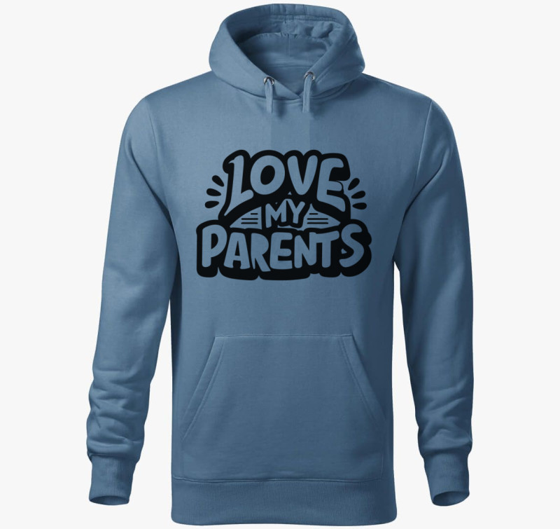 Love my Parents fekete kapucnis pulóver — Farmerkék