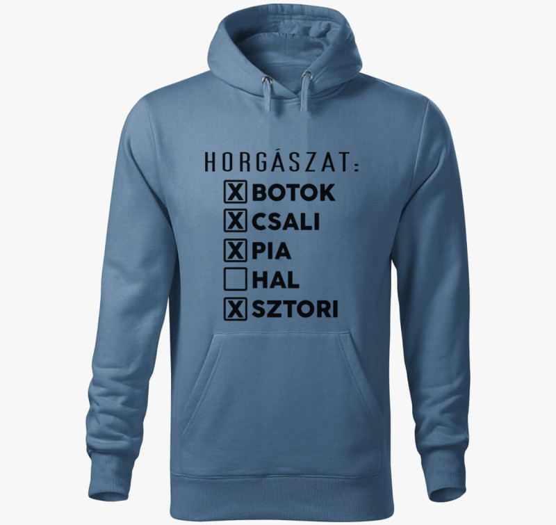 Horgász lista kapucnis pulóver — Farmerkék