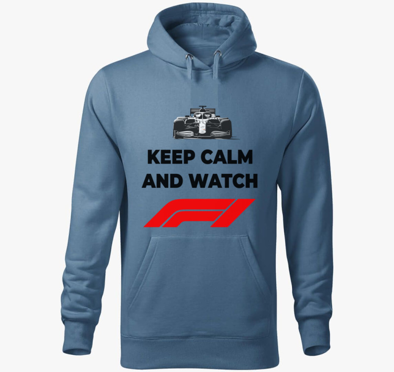 Keep calm and watch F1 kapucnis pulóver — Farmerkék
