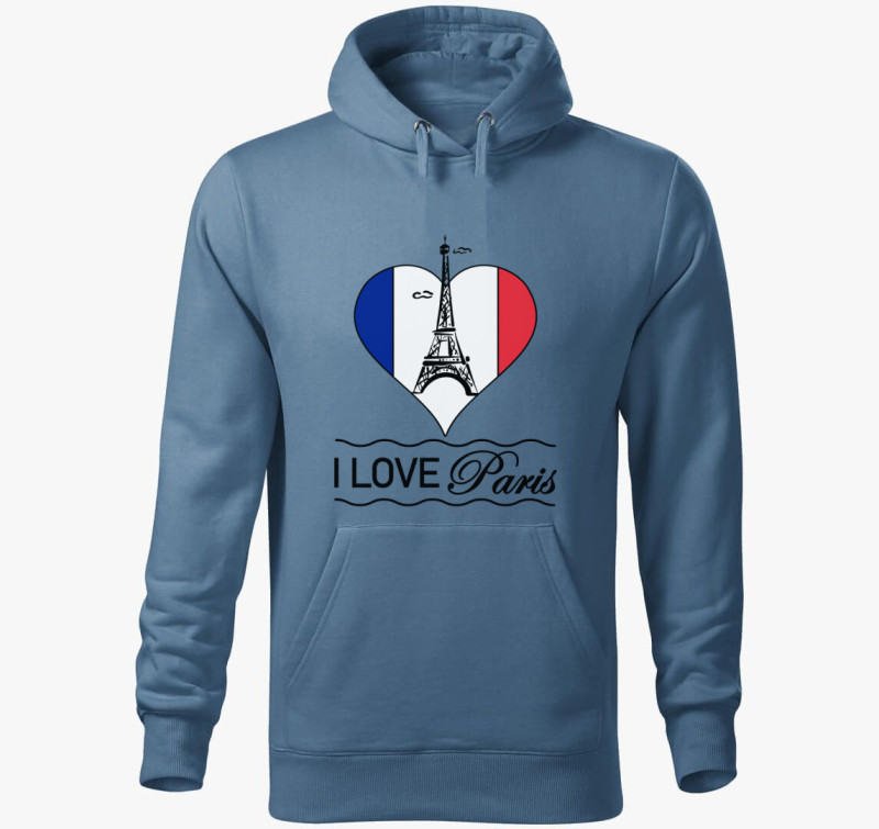 I love Paris kapucnis pulóver — Farmerkék