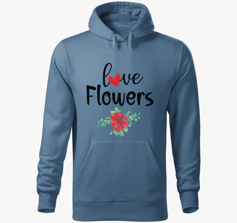 Love Flowers kapucnis pulóver — Farmerkék