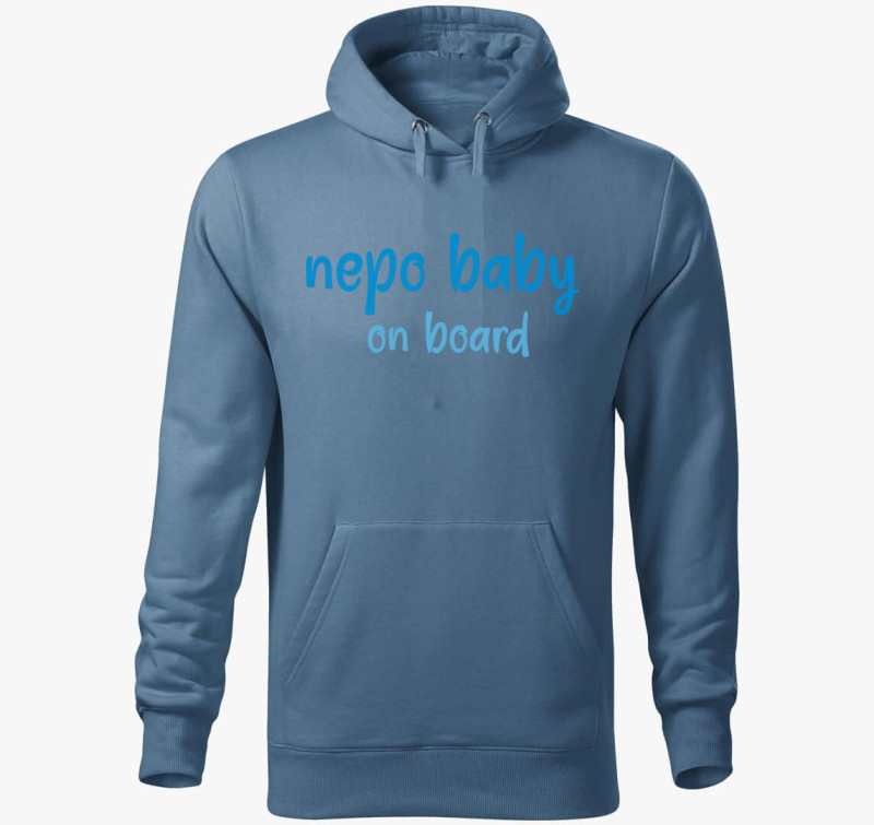 Nepo baby on board (kék) feliratos kapucnis pulóver — Farmerkék