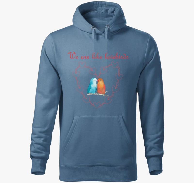 We are like lovebirds (piros) kapucnis pulóver — Farmerkék