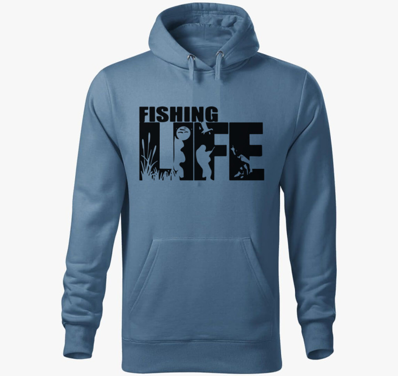 Fishing life feliratú kapucnis pulóver — Farmerkék