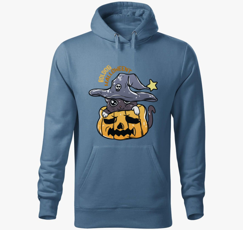 Cicás halloweeni kapucnis pulóver — Farmerkék