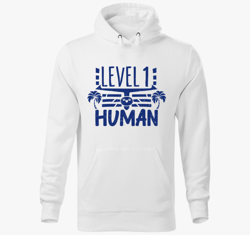 Level 1 Human kék kapucnis pulóver — Fehér