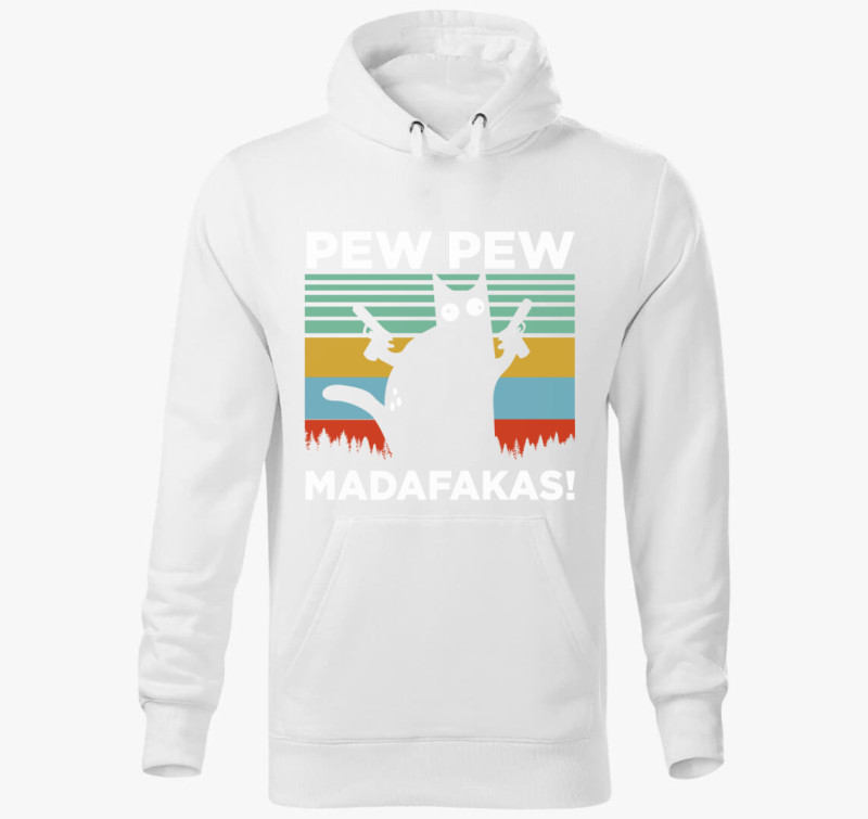 Macska Pew Pew vicces kapucnis pulóver — Fehér