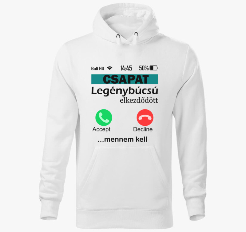 Telefonos legénybúcsús csapat kapucnis pulóver — Fehér