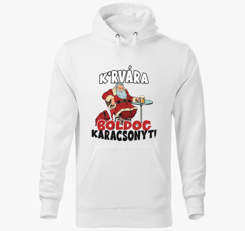 K*rvára boldog karácsonyt kapucnis pulóver — Fehér