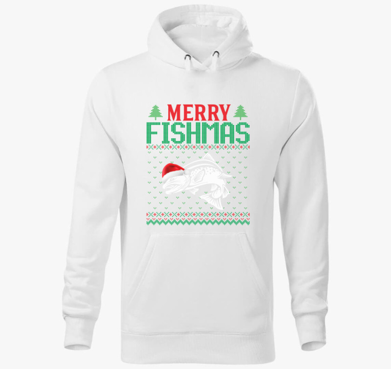 Merry fishmas karácsonyi horgász kapucnis pulóver — Fehér