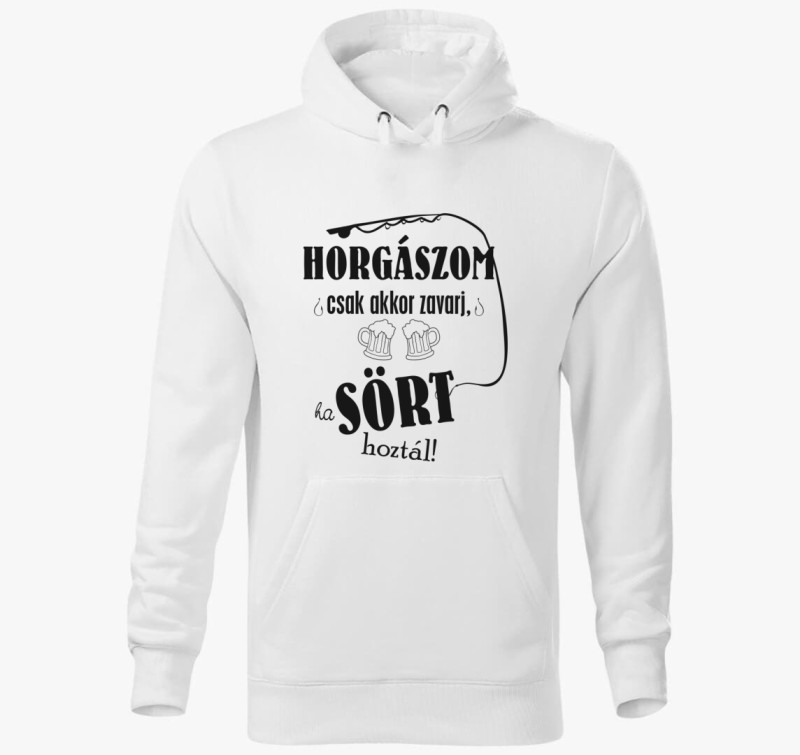 Horgászos Sörös kapucnis pulóver — Fehér
