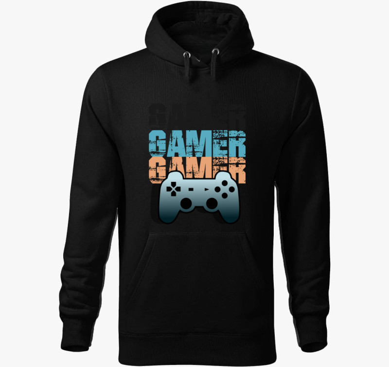Gamer mintás kapucnis pulóver — Fekete