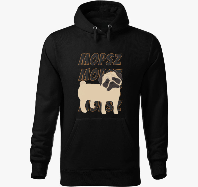 Mopsz mintás kapucnis pulóver — Fekete