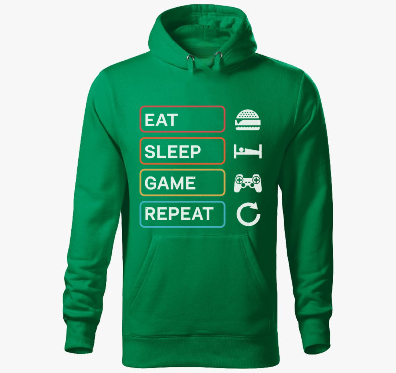 Eat sleep game repeat gamer kapucnis pulóver — Fűzöld