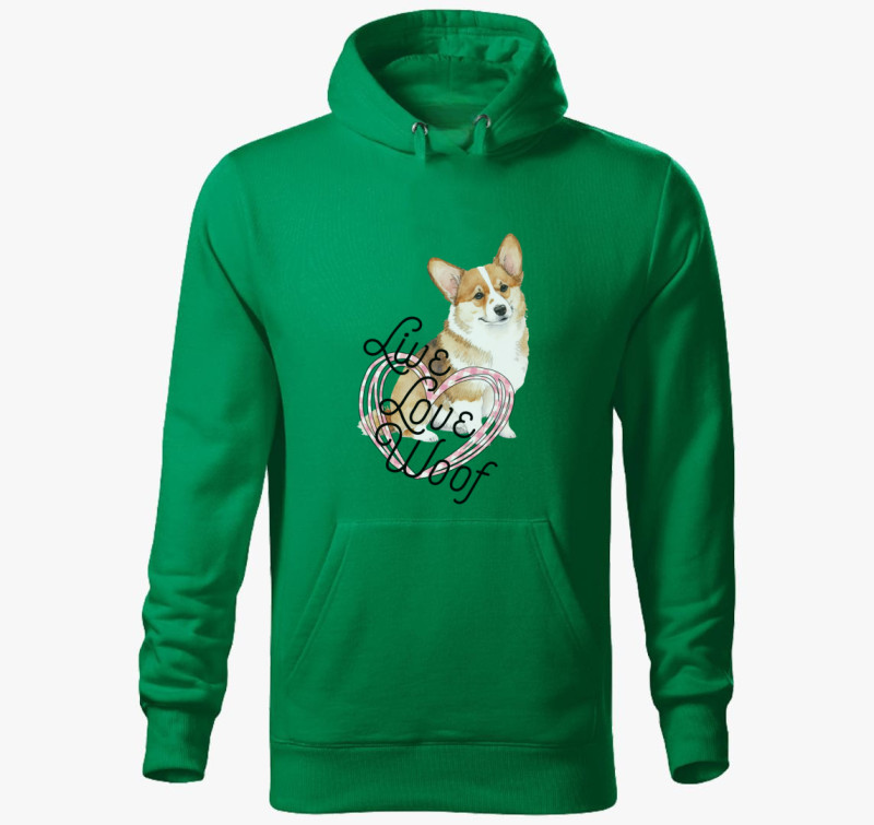 Corgi szivecskés kapucnis pulóver — Fűzöld