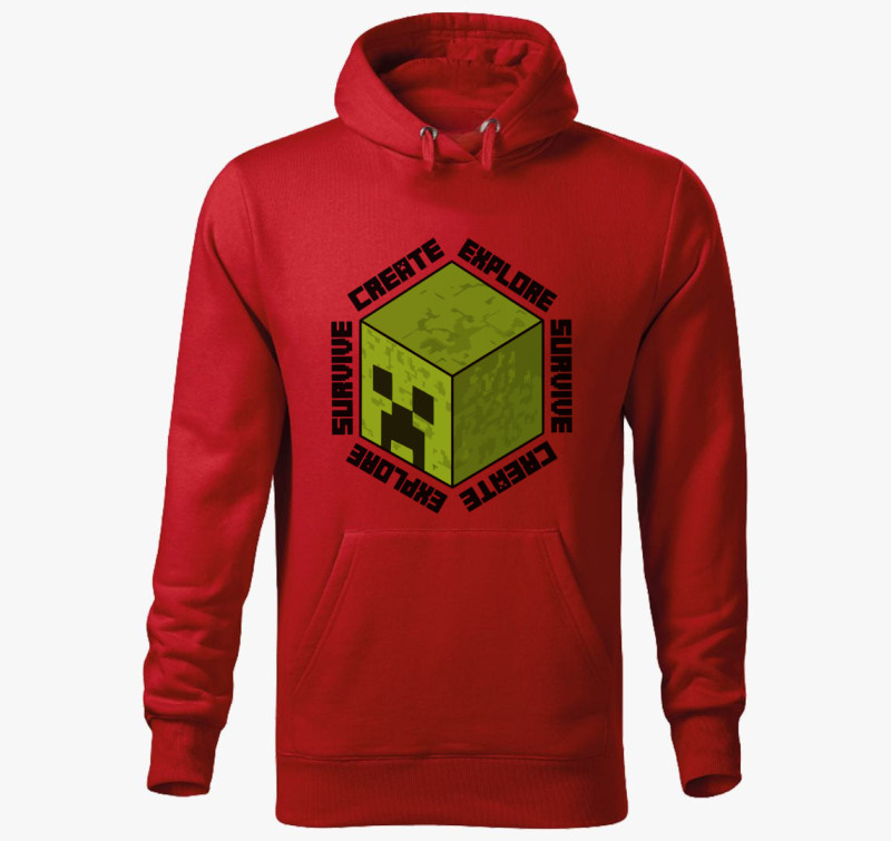 Minecraft create explore survive kapucnis pulóver — Piros