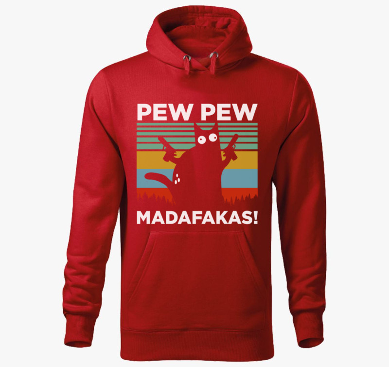 Macska Pew Pew vicces kapucnis pulóver — Piros