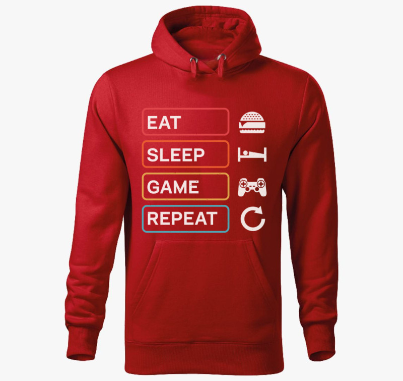 Eat sleep game repeat gamer kapucnis pulóver — Piros