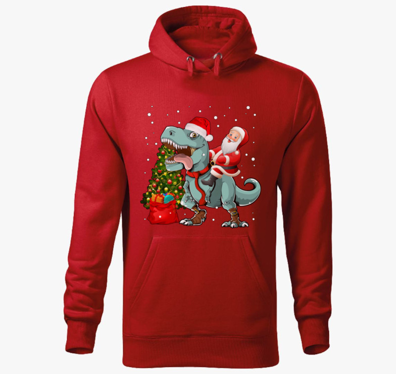 Mikulás a T-Rex hátán kapucnis pulóver — Piros