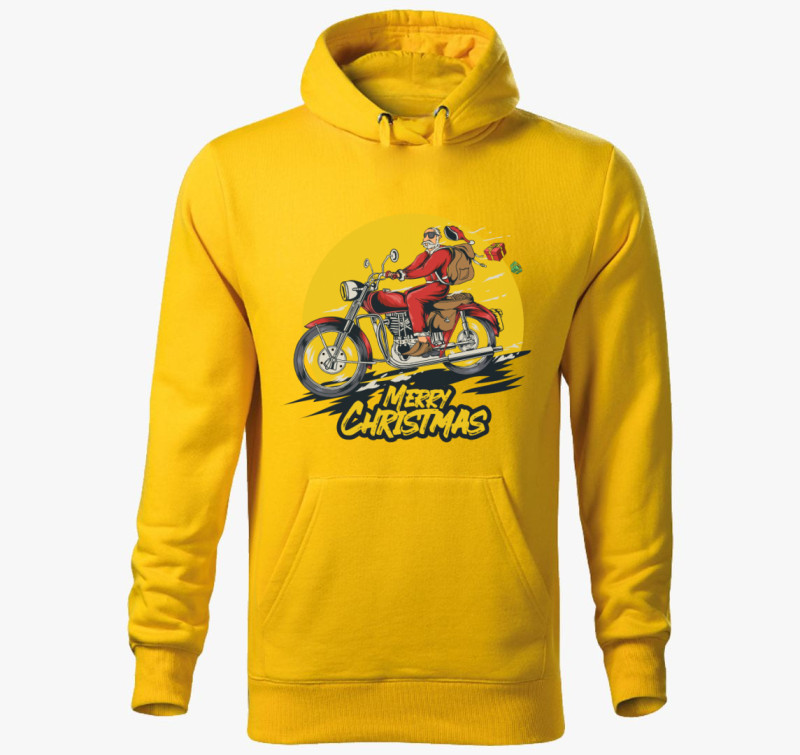 Motoros Mikulás kapucnis pulóver — Sárga