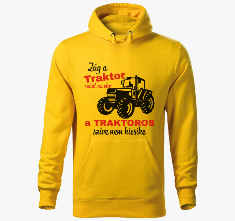 Zúg a traktor szánt az eke a traktoros szíve nem kicsike kapucnis pulóver — Sárga