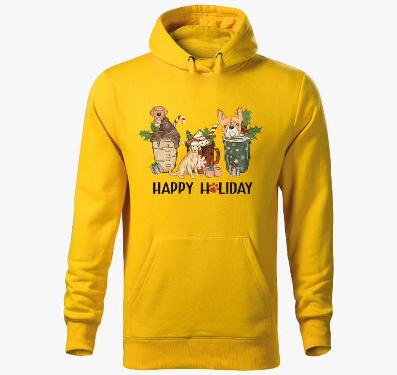 Kutyás Happy Holiday kapucnis pulóver — Sárga