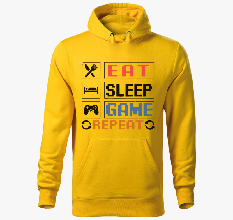 Eat sleep game repeat felirat kapucnis pulóver — Sárga
