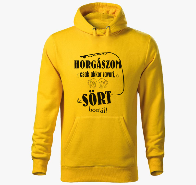 Horgászos Sörös kapucnis pulóver — Sárga