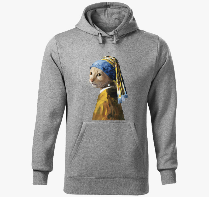 Cat with pearl earring kapucnis pulóver — Sötétszürke