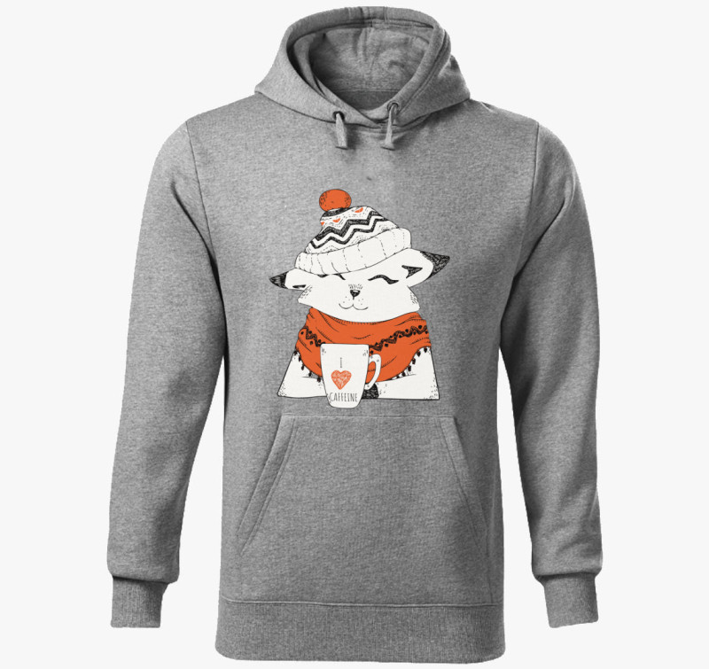Winter cat caffeine kapucnis pulóver — Sötétszürke