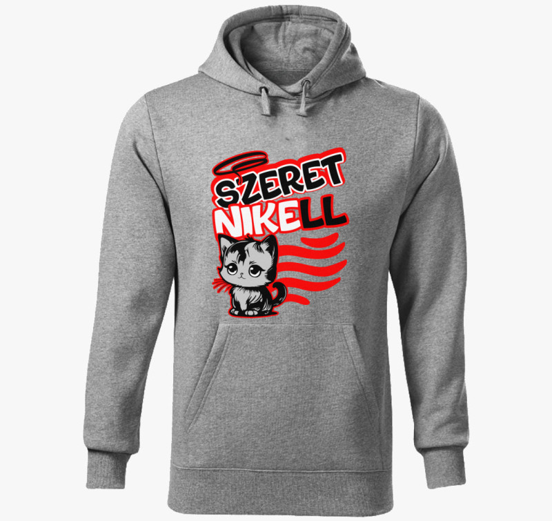 Szeretni kell cicusos kapucnis pulóver — Sötétszürke