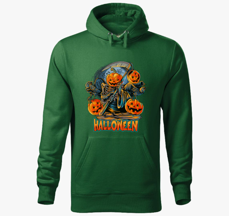 Halloweeni kaszás tök kapucnis pulóver — Üvegzöld