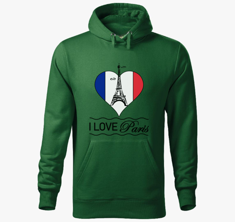 I love Paris kapucnis pulóver — Üvegzöld