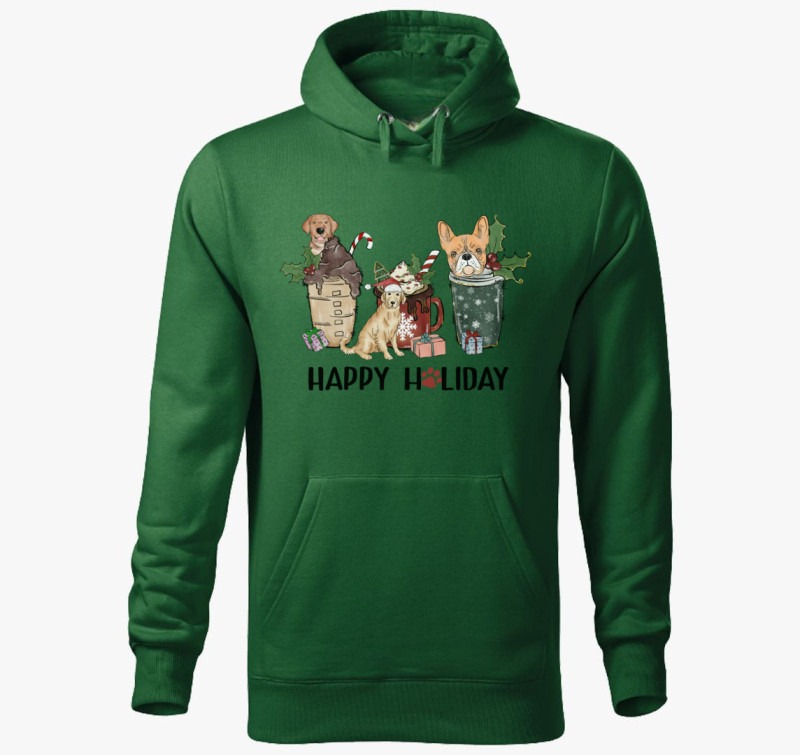 Kutyás Happy Holiday kapucnis pulóver — Üvegzöld
