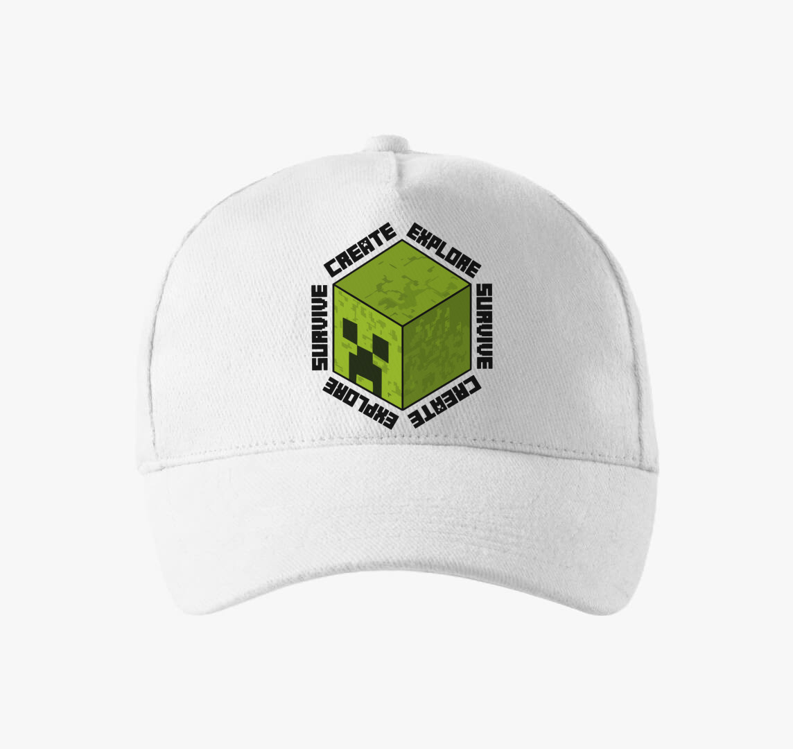 Minecraft create explore survive baseball sapka — Fehér