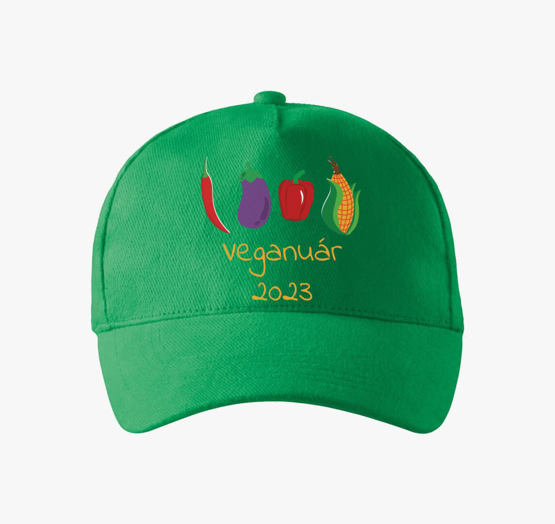 Veganuár 2023 (zöldségekkel) sárga feliratos baseball sapka — Fűzöld