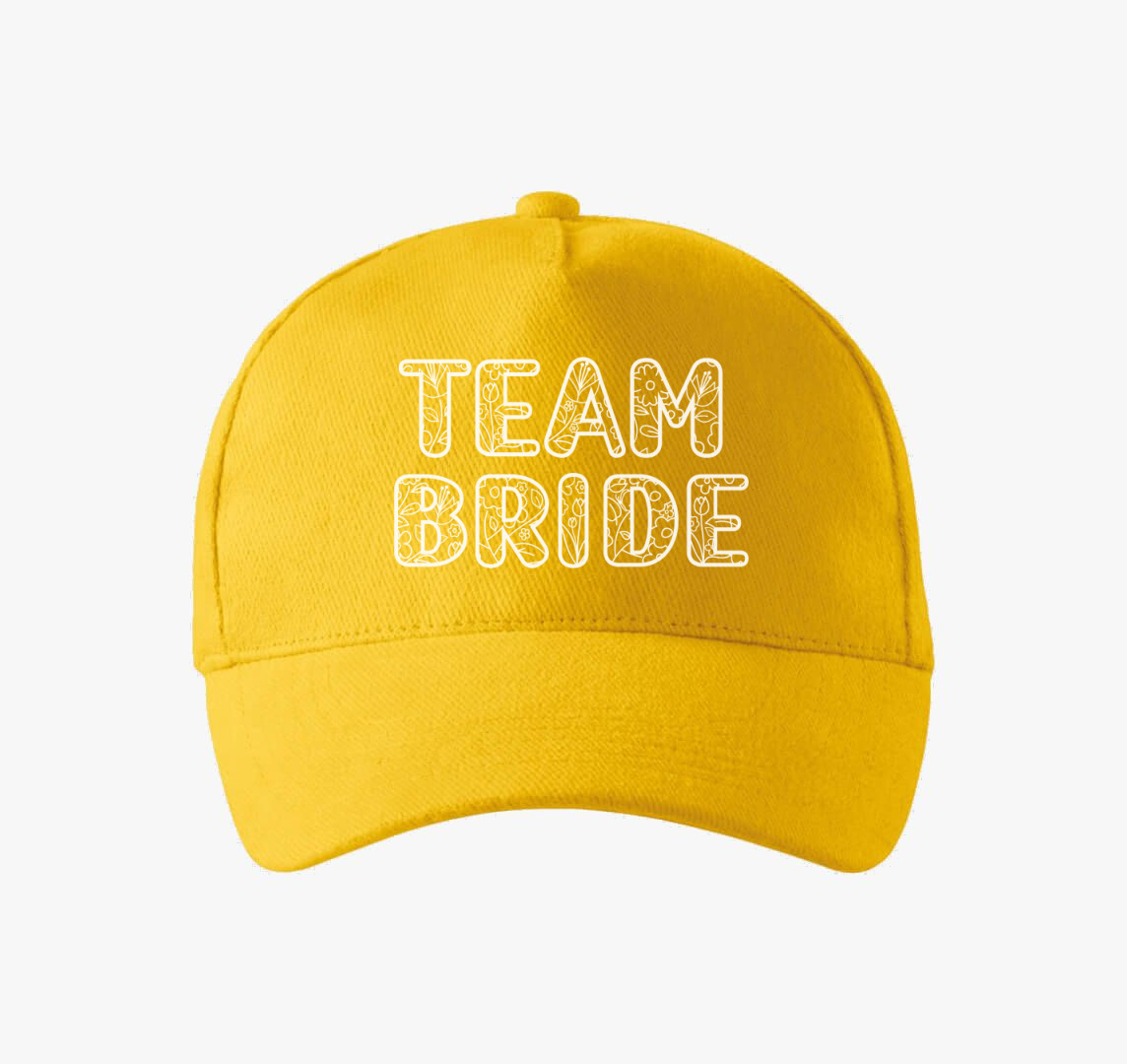 TEAM Bride fehér virágos betűs baseball sapka — Sárga