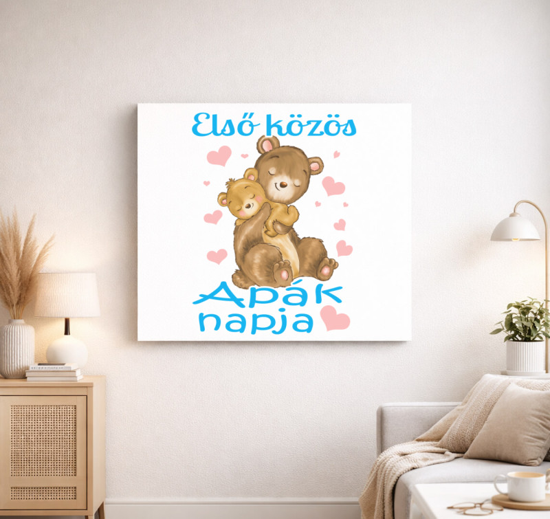 Első közös Apák napja maci fiús vászonkép — Fehér
