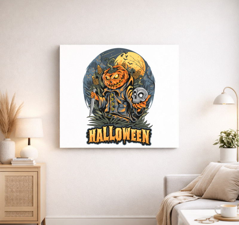 Halloween-i tökfej késsel vászonkép — Fehér
