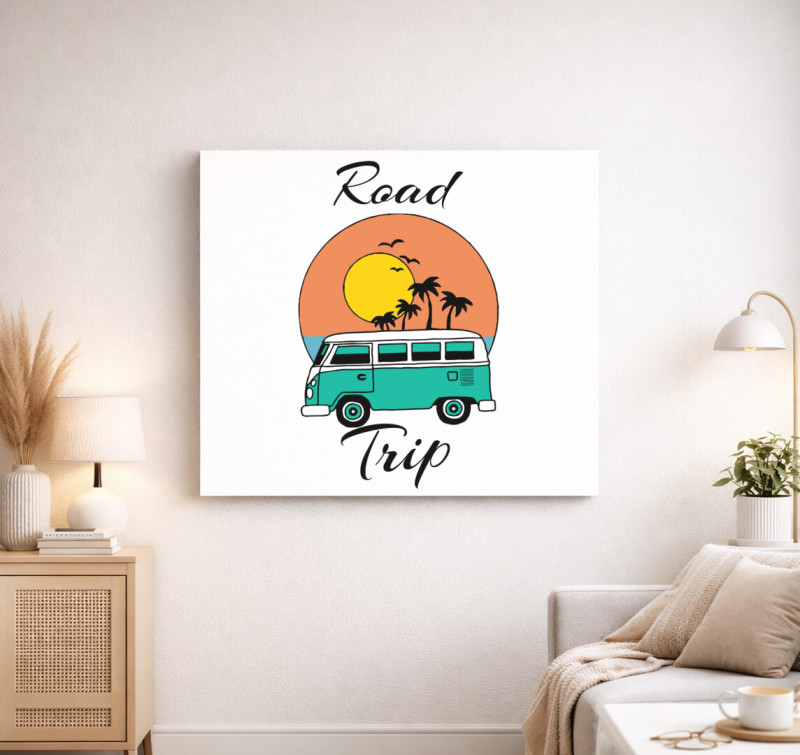 Road Trip Kisbuszos vászonkép — Fehér