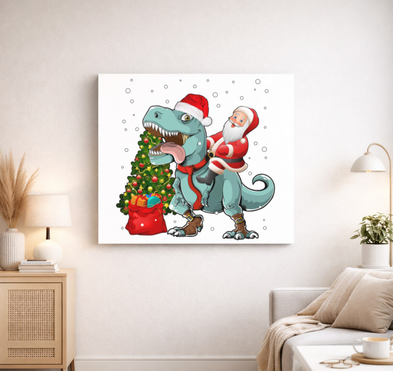 Mikulás a T-Rex hátán vászonkép — Fehér
