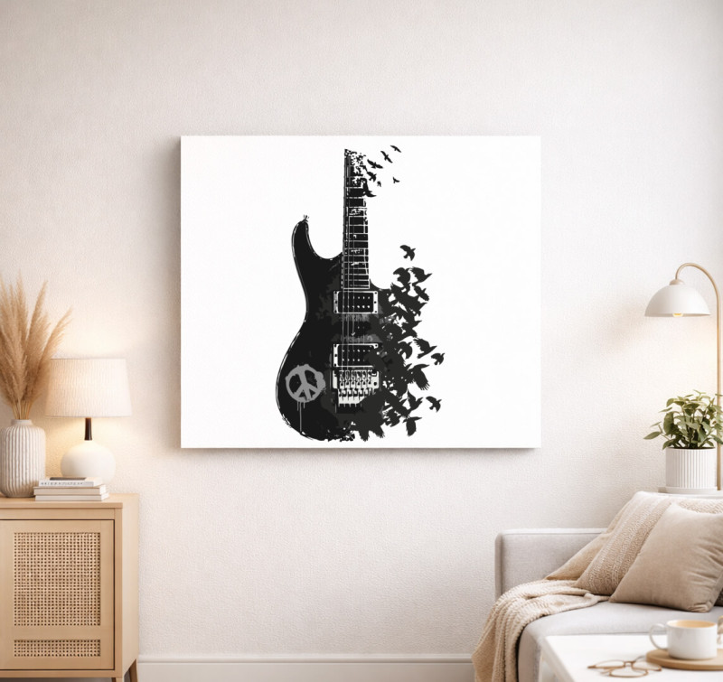 Black guitar and crow vászonkép — Fehér