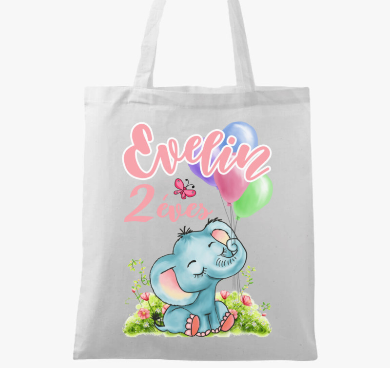 Elefánt lufival lányos szülinapi gyerek vászontáska — Fehér