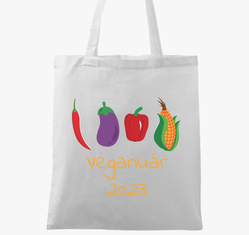 Veganuár 2023 (zöldségekkel) sárga feliratos vászontáska — Fehér